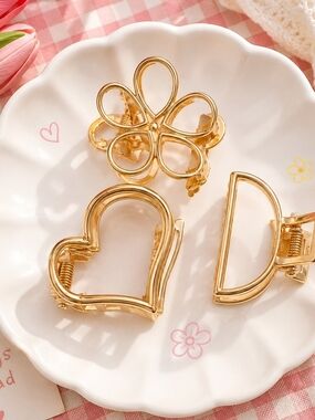 Gold Metal Hair Claw Clip Set of 3 - Heart, Flower & Geometric New